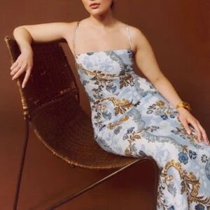 Reformation Frankie Linen Dress in Reign Blue Gold Floral Midi